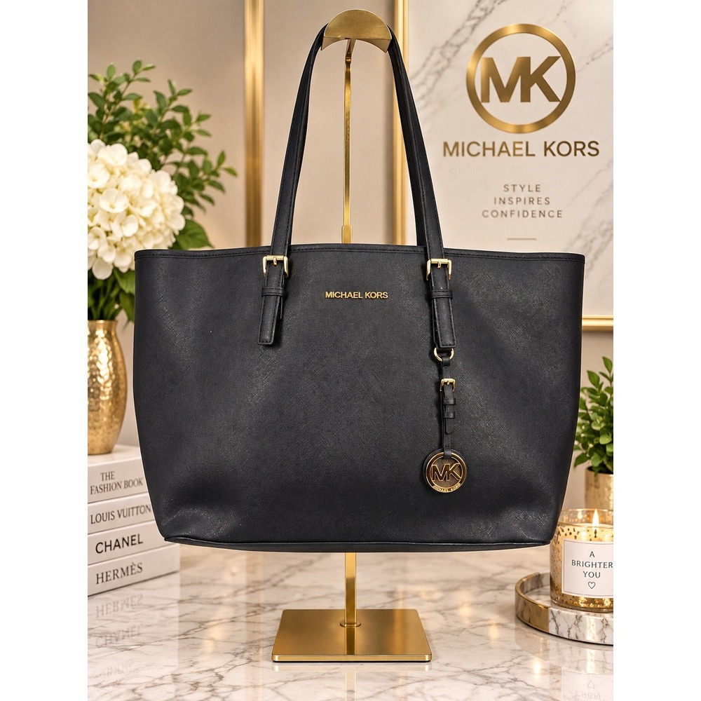 Michael Kors Charlotte Large Top Zip Tote Black Saffiano Leather Gold Hardware